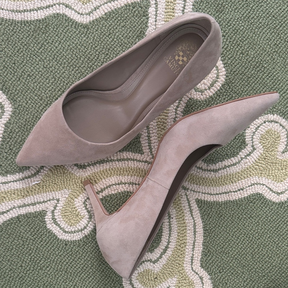 Vince Camuto nude suede heels.